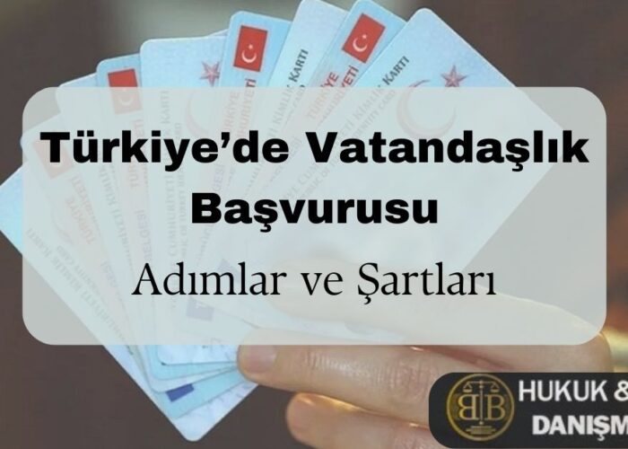 Türkiye’de vatandaşlık başvurusu hakkında bilgilendirici bir görsel. Bir kişi, elinde birden fazla Türk kimlik kartı tutuyor. Ön planda, 'Türkiye’de Vatandaşlık Başvurusu – Adımlar ve Şartlar' başlıklı metin yer almakta. Türk vatandaşlığına başvuru süreci, gerekli belgeler ve hukuki danışmanlık hakkında detaylı bilgi almak için yazımızı okuyabilirsiniz. BB Hukuk & Legal Danışmanlık, yabancılar hukuku kapsamında vatandaşlık başvuruları, oturma izni ve hukuki süreçlerle ilgili profesyonel destek sunmaktadır.