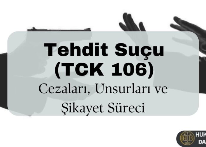 Tehdit suçu (TCK 106) hakkında bilgilendirici görsel. Siyah-beyaz arka planda, bir kişinin diğerine silah doğrulttuğu gölgeli bir sahne yer almakta. Üzerinde 'Tehdit Suçu (TCK 106) - Cezaları, Unsurları ve Şikayet Süreci' yazısı bulunmaktadır. Hukuk & Legal Danışmanlık logosu alt köşede yer almaktadır.