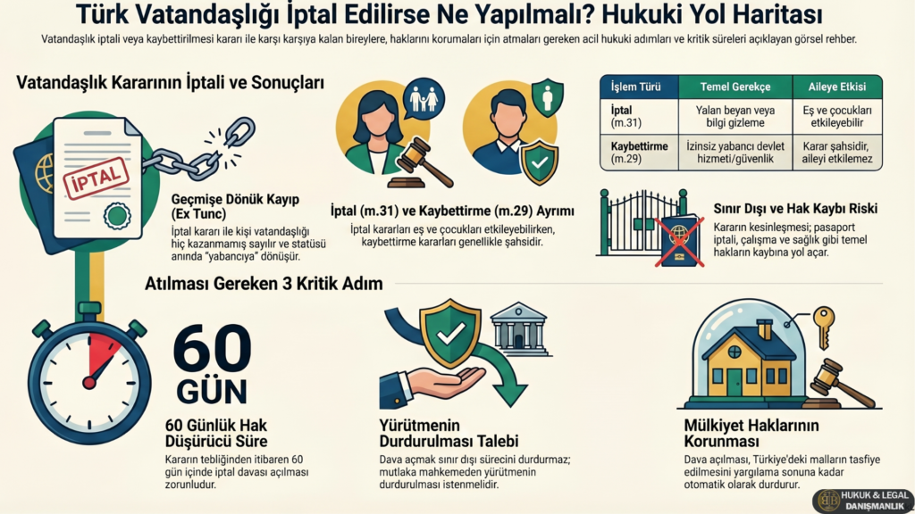 Türk vatandaşlığı iptal edilirse ne yapılmalı 60 gün dava süresi vatandaşlık iptali hukuki süreç ve hak kaybı riskleri infografik